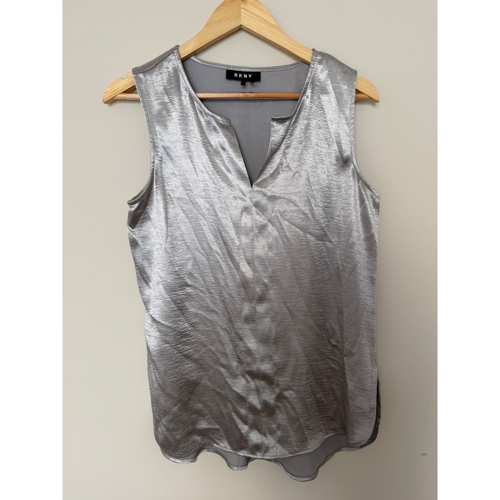 DKNY Sleeveless Blouse Womens S Metallic Silver Split Neck Shell Excellent